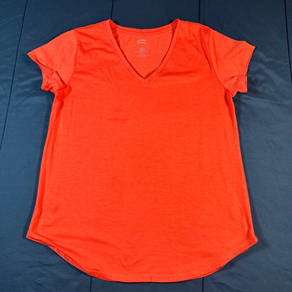 Jennifer Lauren Peach Coral V-Neck Top Women’s Large Short Sleeve